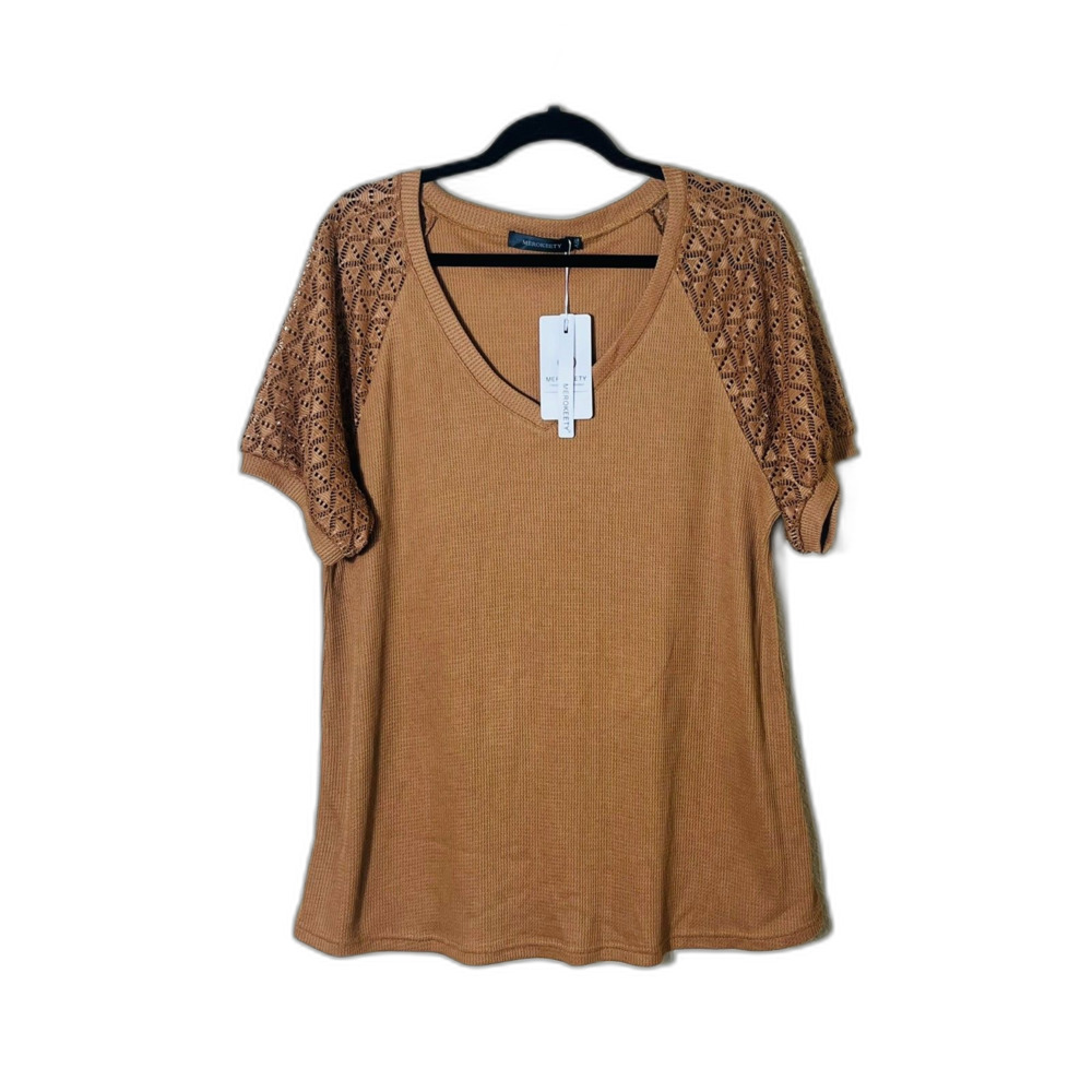 Boutique Brown Taupe Waffle Lace Trim XXL Boho Cottage Casual Feminine NWT